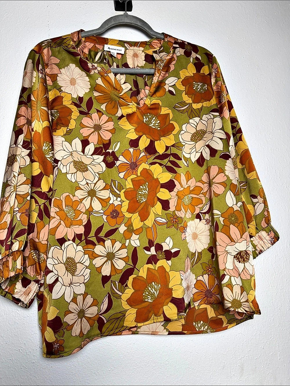 Merci Floral Blouse in Green & Orange XL Like New